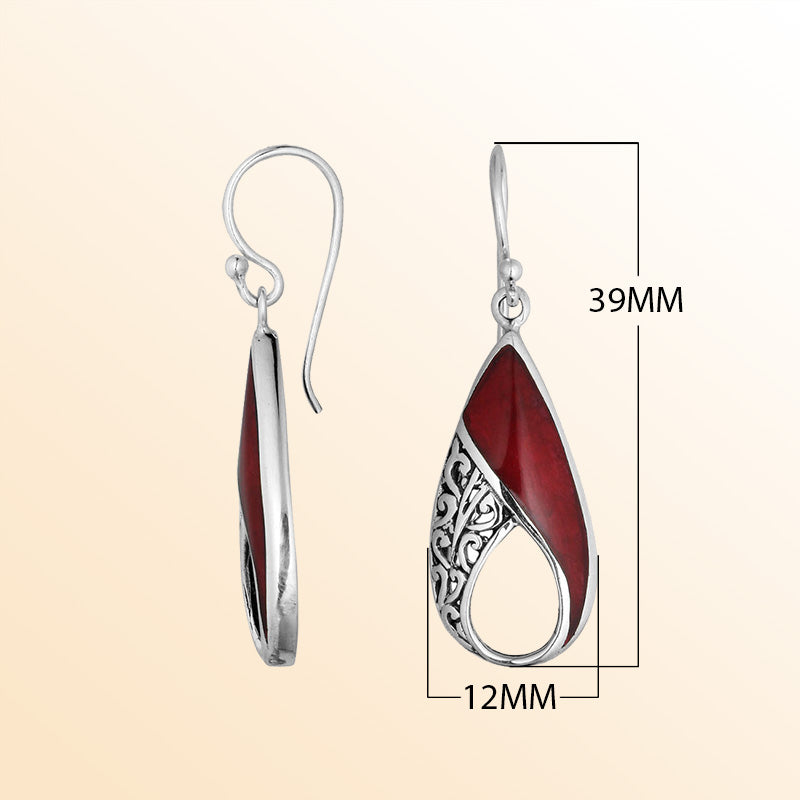 Sterling Silver Red Coral Pear Shape Earrings With Handcrafted Filigree Design