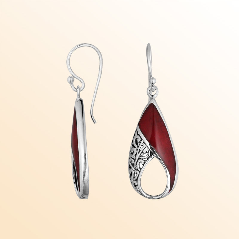 Sterling Silver Red Coral Pear Shape Earrings With Handcrafted Filigree Design