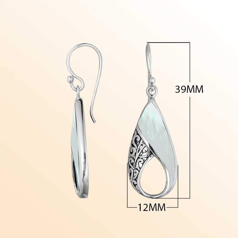 Sterling Silver Mother Of Pearl Pear Shape Earrings With Handcrafted Filigree Accents