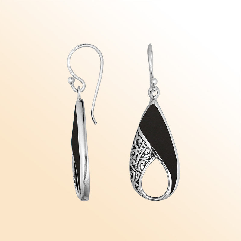 Sterling Silver Black Shell teardrop earrings with filigree swirl design, earwire lock, and polished finish handcrafted in Bali.