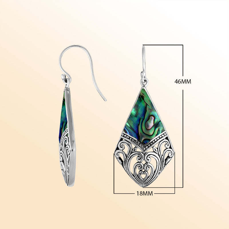 Sterling Silver Abalone Shell diamond earrings with ocean-inspired scroll filigree art, earwire lock, and polished finish handcrafted in Bali.