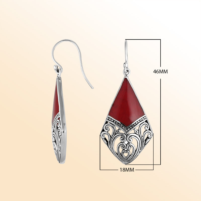 Sterling Silver Red Coral diamond earrings with artistic filigree detailing, earwire lock, and polished finish handcrafted in Bali.