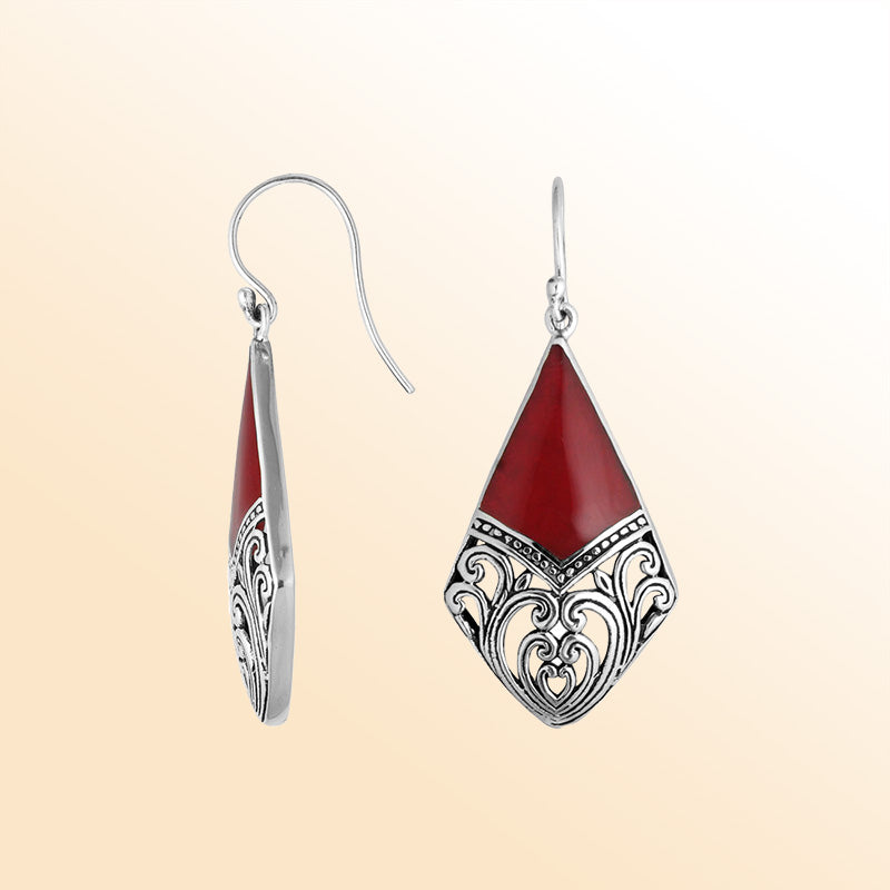 Sterling Silver Red Coral diamond earrings with artistic filigree detailing, earwire lock, and polished finish handcrafted in Bali.
