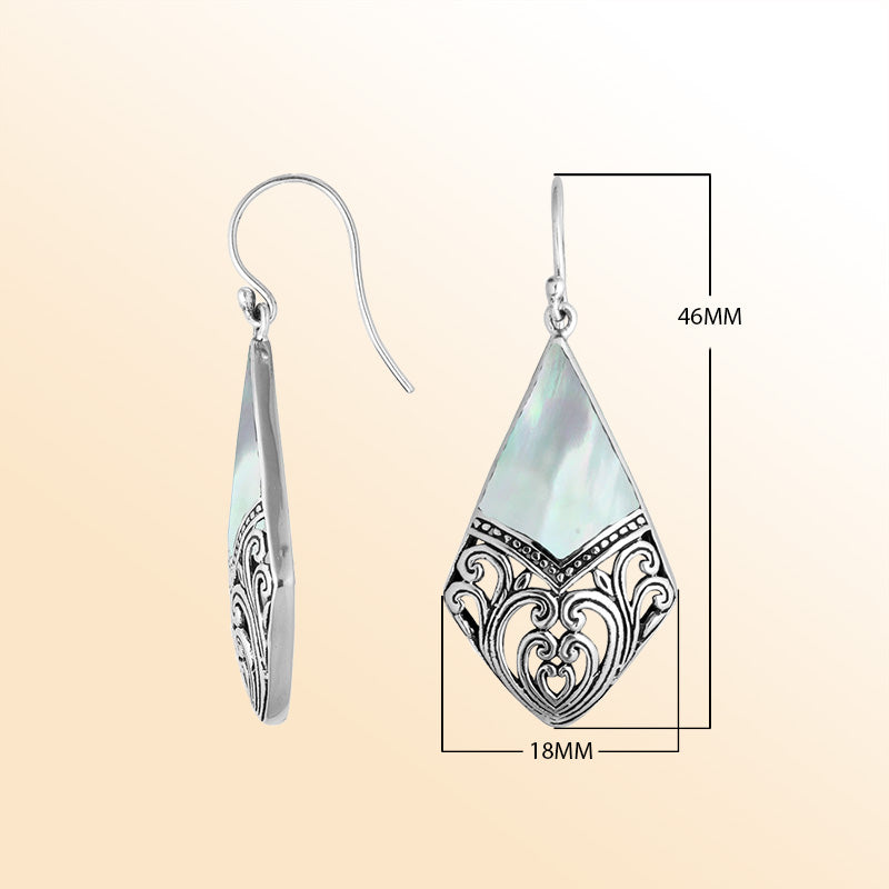 Sterling Silver Mother Of Pearl diamond earrings with handcrafted filigree detailing, earwire lock, and polished finish handcrafted in Bali.