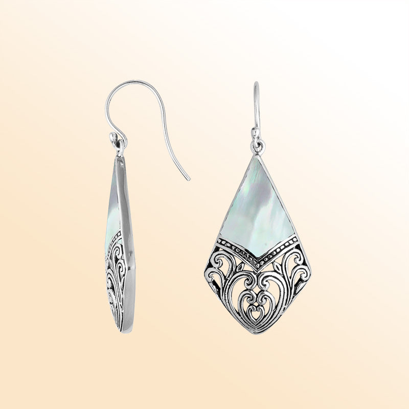 Sterling Silver Mother Of Pearl diamond earrings with handcrafted filigree detailing, earwire lock, and polished finish handcrafted in Bali.