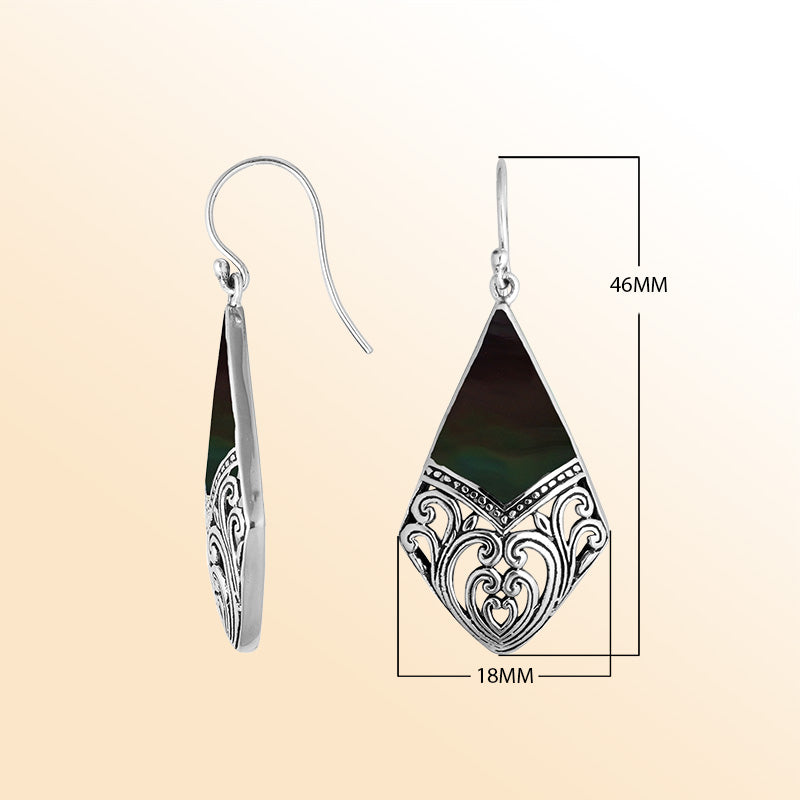 Sterling Silver Black Shell diamond earrings with artistic filigree swirls, earwire lock, and polished finish handcrafted in Bali.