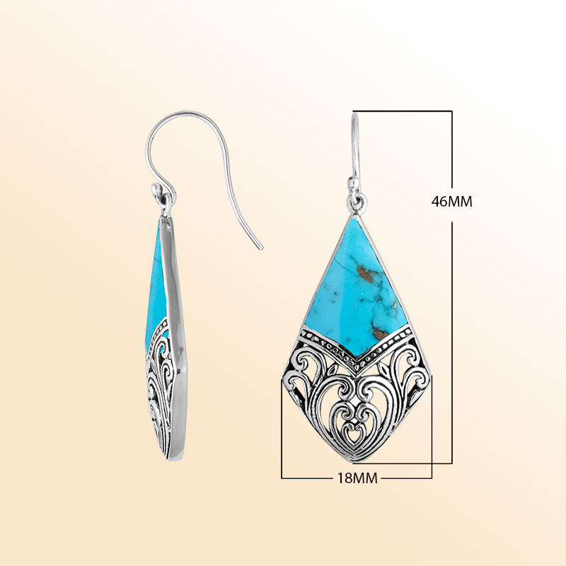 Sterling Silver Turquoise Shell ocean diamond earrings with artistic filigree wave design, earwire lock, and polished finish handcrafted in Bali.