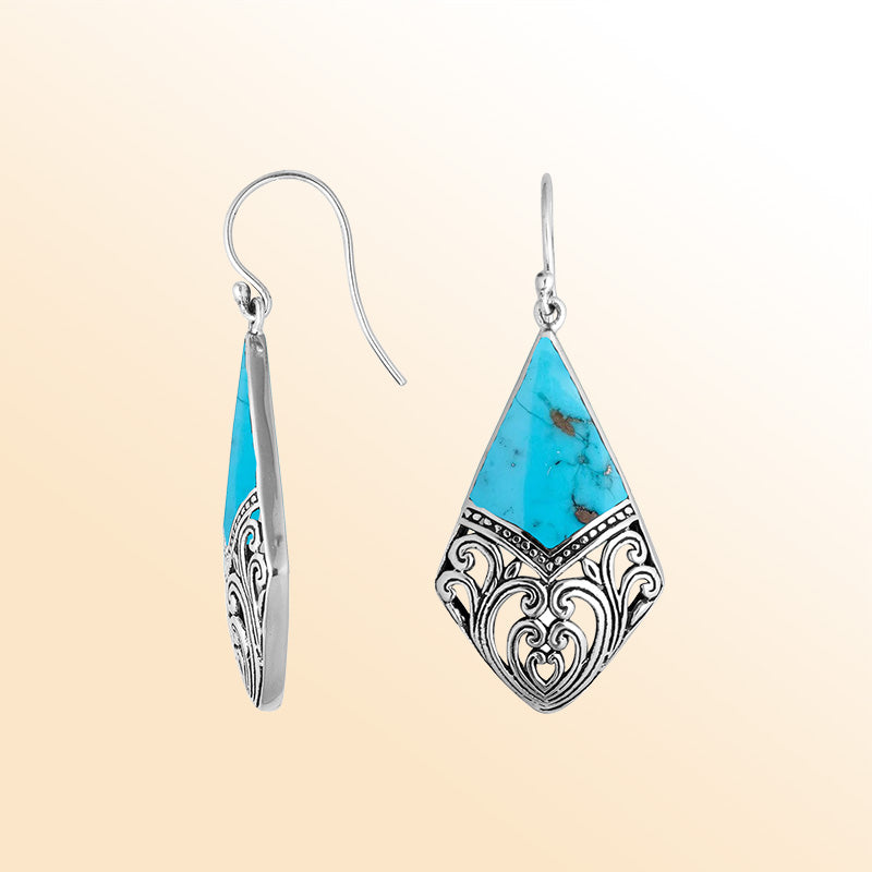 Sterling Silver Turquoise Shell ocean diamond earrings with artistic filigree wave design, earwire lock, and polished finish handcrafted in Bali.