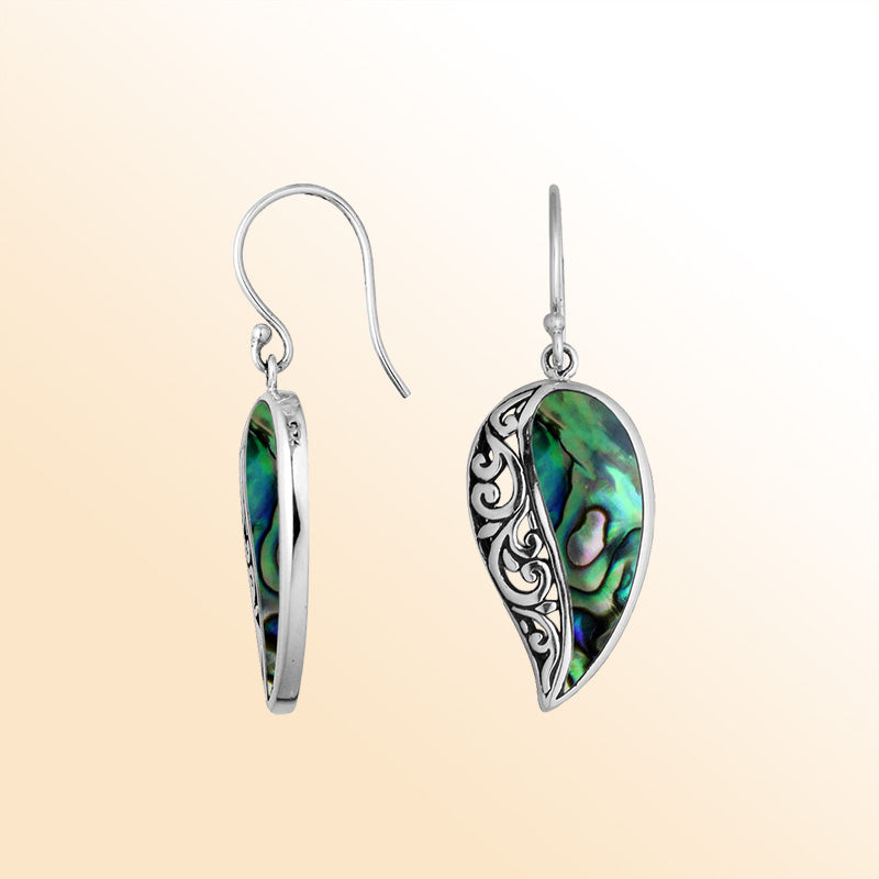 Sterling Silver Abalone Shell leaf earrings with artistic filigree accent, earwire lock, and polished finish handcrafted in Bali.