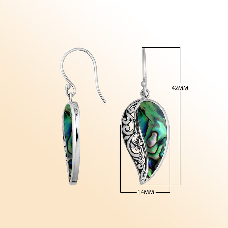 Sterling Silver Abalone Shell leaf earrings with artistic filigree accent, earwire lock, and polished finish handcrafted in Bali.
