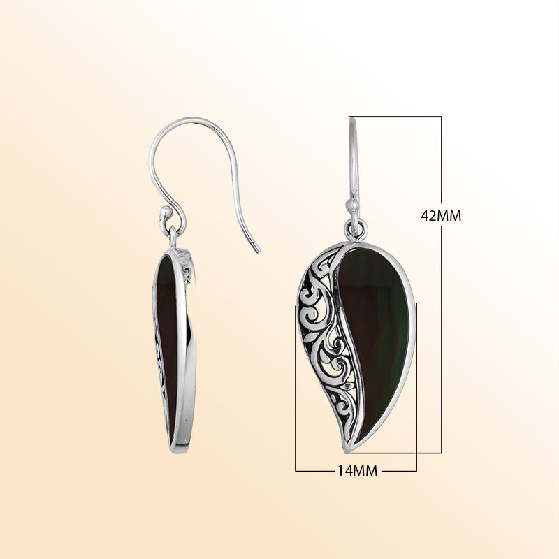 Sterling Silver Black Shell elegant leaf earrings with artistic filigree curves and earwire lock handcrafted in Bali.
