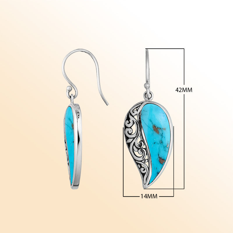 Sterling Silver Turquoise Shell ocean leaf earrings with artistic filigree flow and earwire lock handcrafted in Bali.
