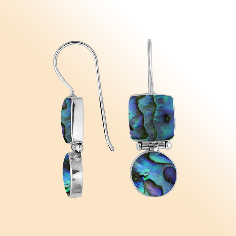 Sterling Silver Abalone Shell ocean glow hinged earrings with artistic dual-shape design and earwire lock handcrafted in Bali.