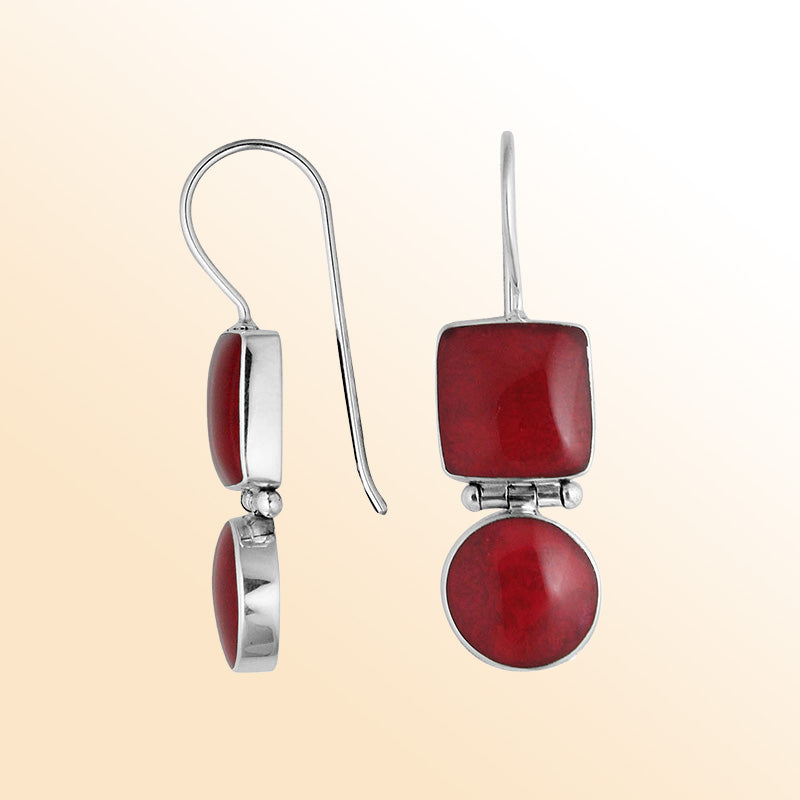 Sterling Silver Red Coral radiant hinged drop earrings with dual-shape artistic design and earwire lock handcrafted in Bali.