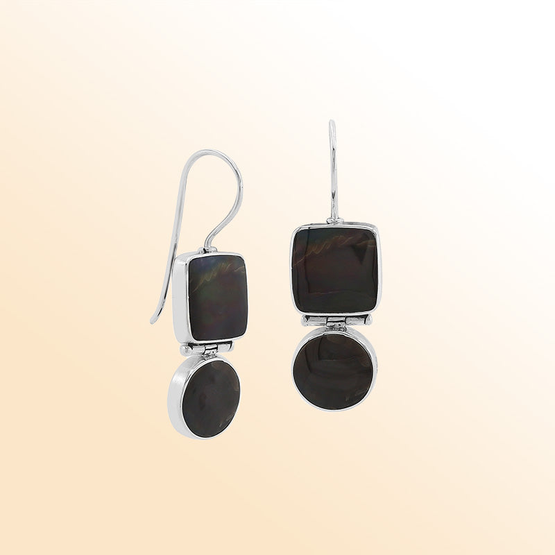 Sterling Silver Black Shell midnight glow hinged earrings with artistic drop design and earwire lock handcrafted in Bali.