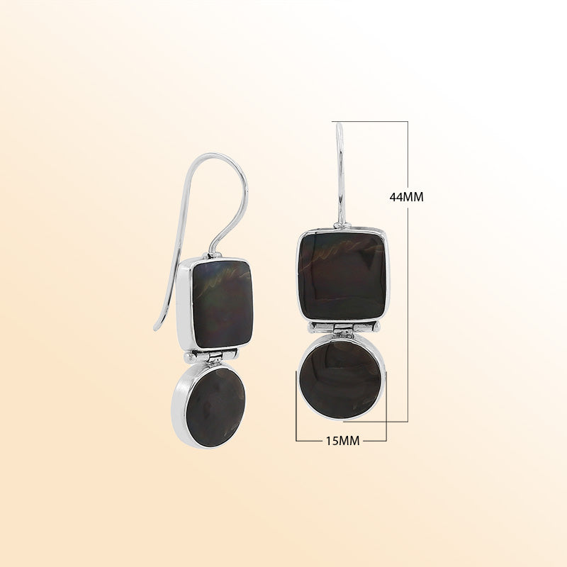 Sterling Silver Black Shell midnight glow hinged earrings with artistic drop design and earwire lock handcrafted in Bali.