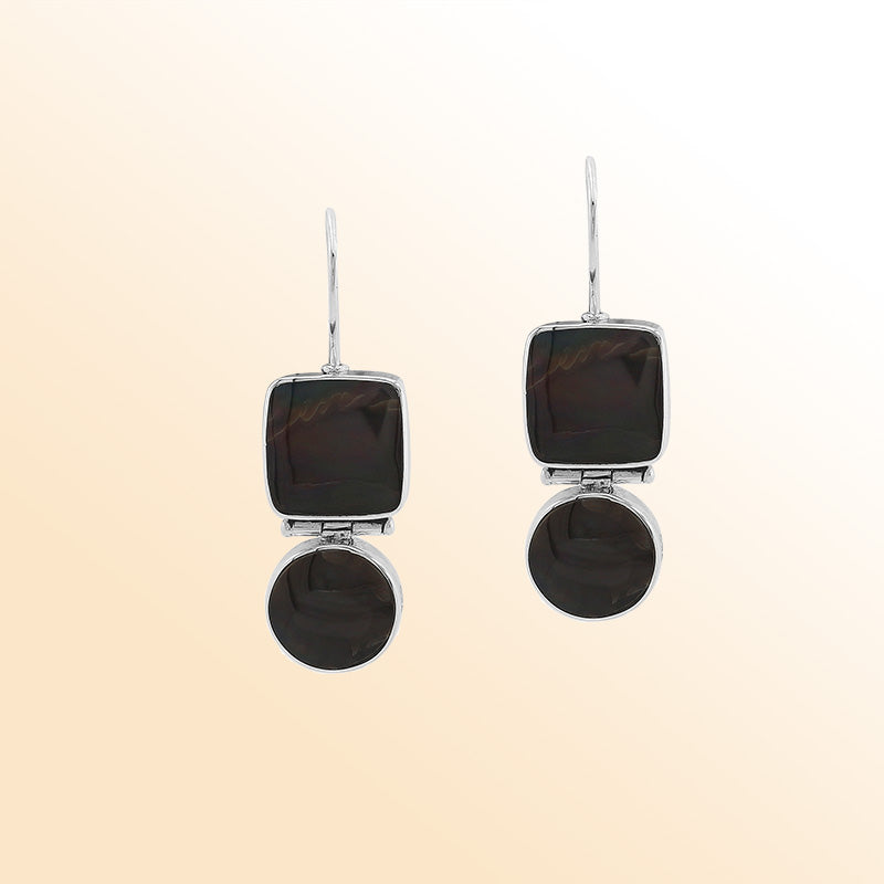 Sterling Silver Black Shell midnight glow hinged earrings with artistic drop design and earwire lock handcrafted in Bali.