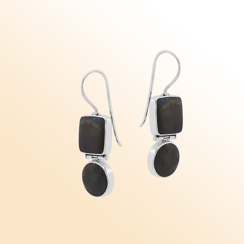 Sterling Silver Black Shell midnight glow hinged earrings with artistic drop design and earwire lock handcrafted in Bali.