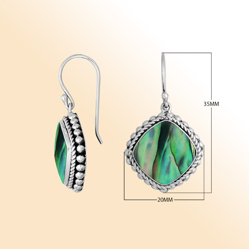 Sterling Silver Abalone Shell cushion earrings with artistic beaded edge and earwire lock handcrafted in Bali.