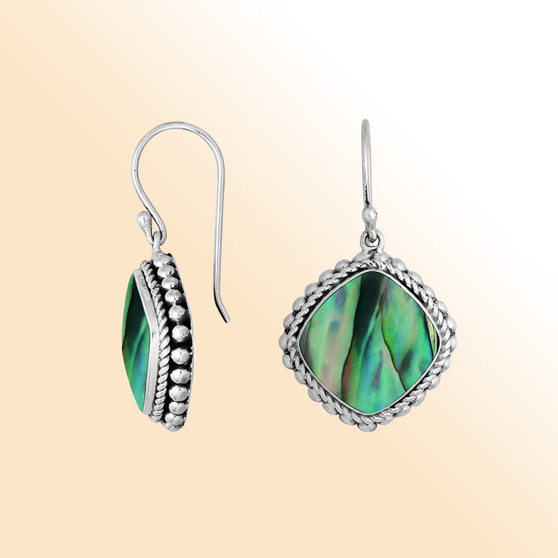 Sterling Silver Abalone Shell cushion earrings with artistic beaded edge and earwire lock handcrafted in Bali.