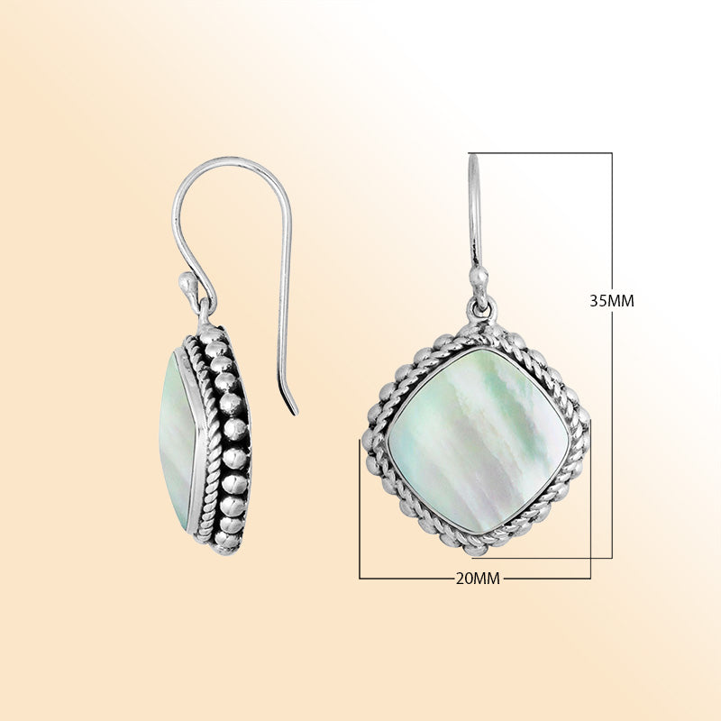 Sterling Silver Mother Of Pearl cushion earrings with artistic beaded edge and earwire lock handcrafted in Bali.