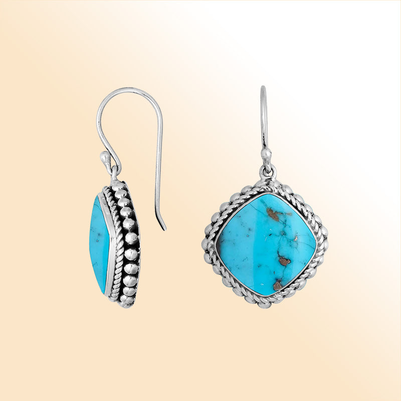 Sterling Silver Turquoise Shell cushion earrings with artistic beaded edge and earwire lock handcrafted in Bali.