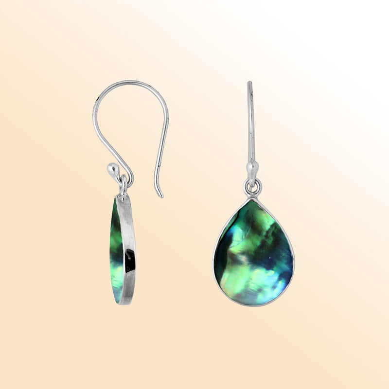 Sterling Silver Abalone Shell ocean-glow pear earrings with polished drop and earwire lock handcrafted in Bali.