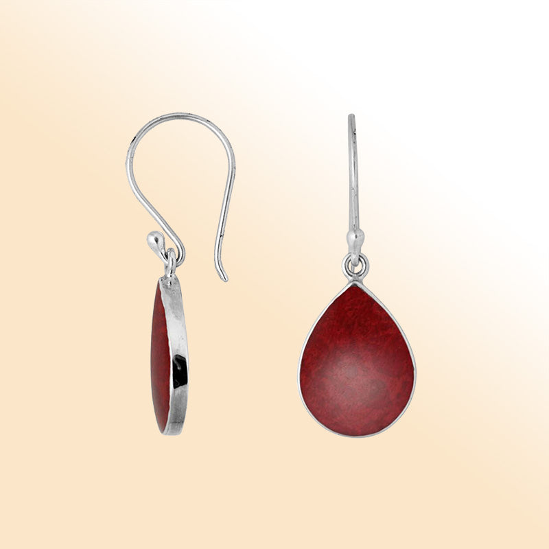 Sterling Silver Red Coral ember-tone pear earrings with polished drop and earwire lock handcrafted in Bali.