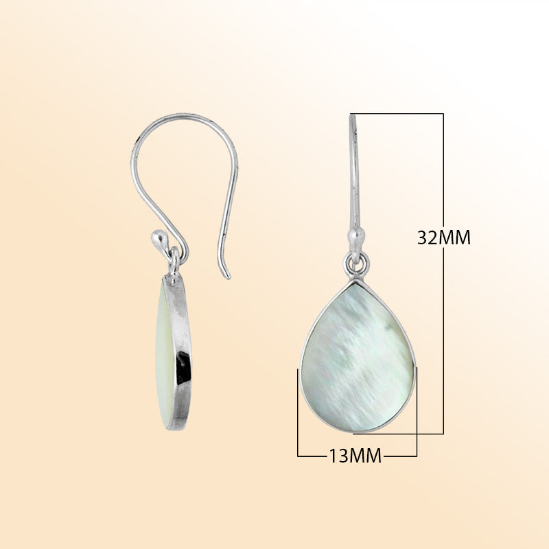 Sterling Silver Mother Of Pearl moonlight pear earrings with polished drop and earwire lock handcrafted in Bali.