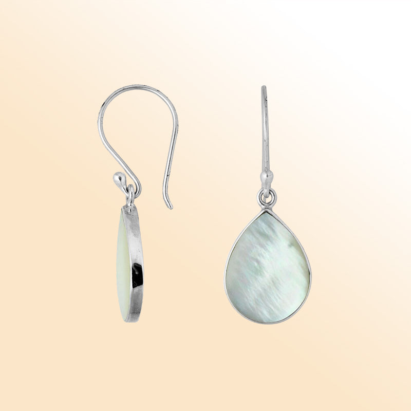 Sterling Silver Mother Of Pearl moonlight pear earrings with polished drop and earwire lock handcrafted in Bali.