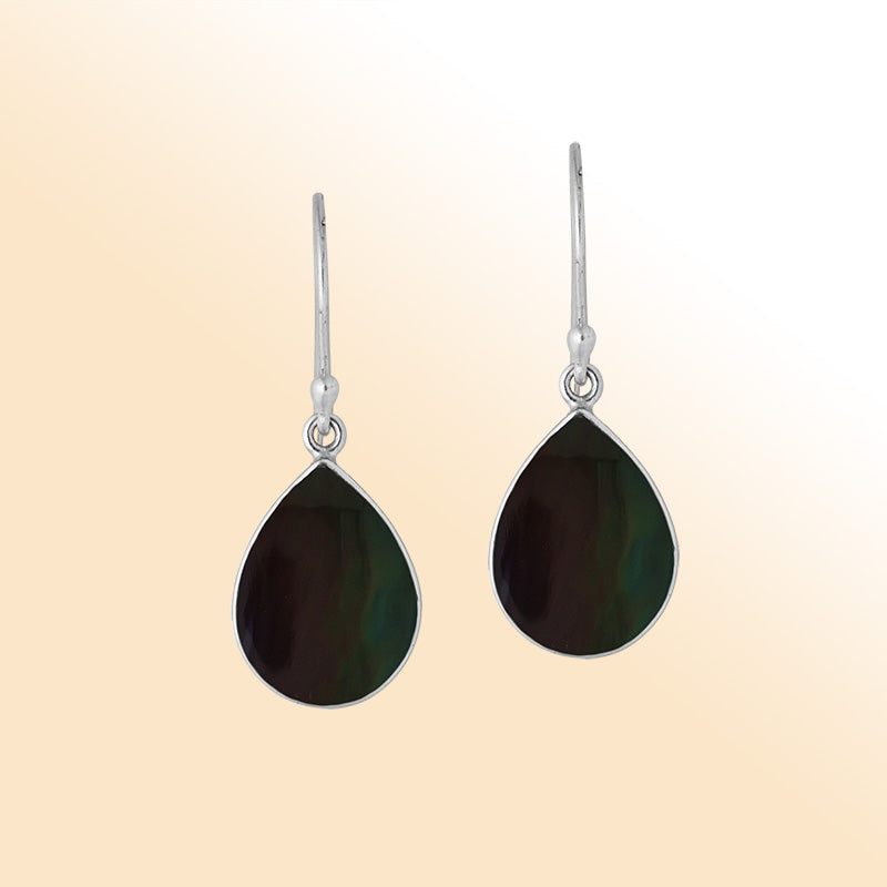 Sterling Silver Black Shell twilight pear earrings with polished drop and earwire lock handcrafted in Bali.