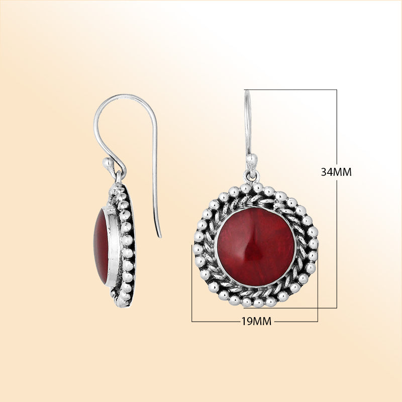 Elegant Sterling Silver Earrings With Red Coral And Beaded Round Frame