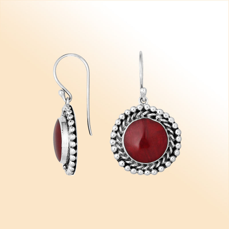 Elegant Sterling Silver Earrings With Red Coral And Beaded Round Frame