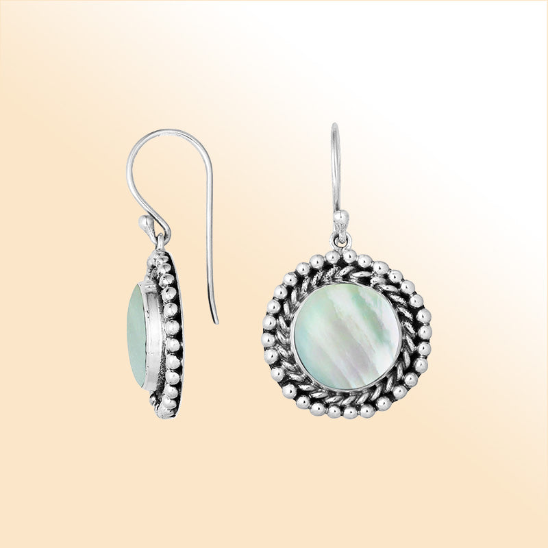 Elegant Sterling Silver Earrings With Mother Of Pearl And Beaded Border