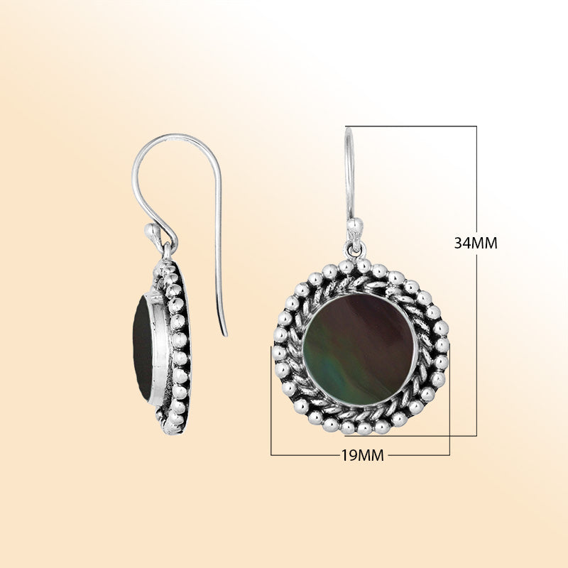 Elegant Sterling Silver Earrings With Black Shell And Beaded Round Border