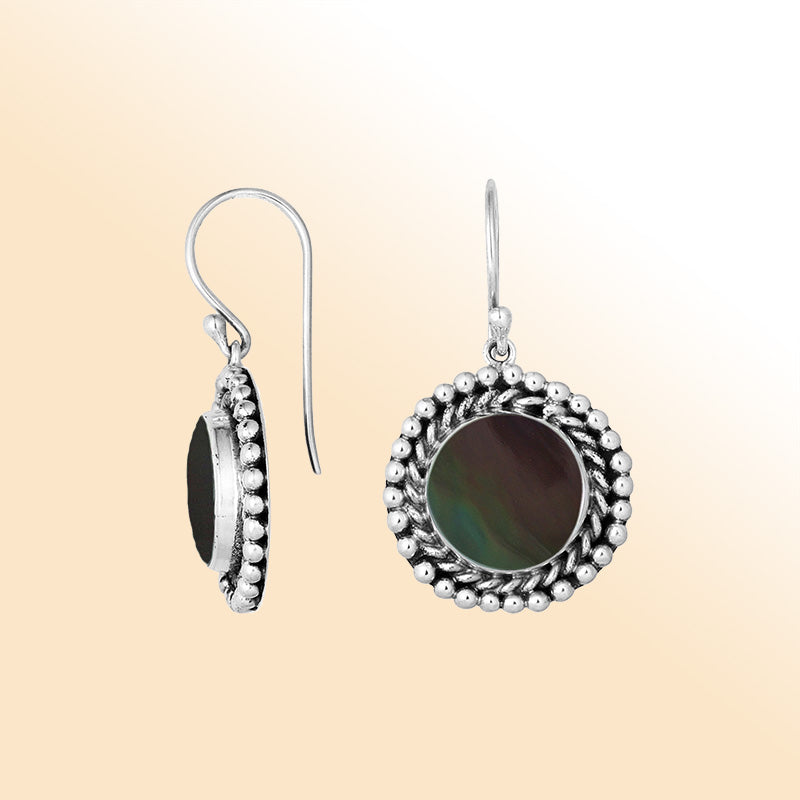 Elegant Sterling Silver Earrings With Black Shell And Beaded Round Border