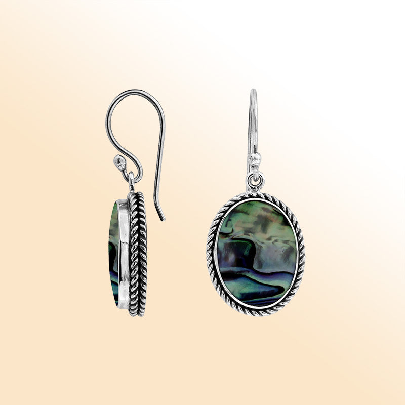 Elegant Sterling Silver Oval Earrings With Abalone Shell And Rope Design