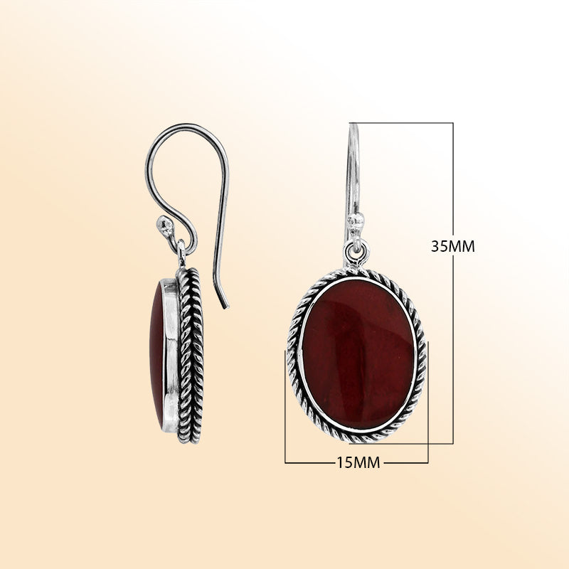 Elegant Sterling Silver Oval Earrings With Red Coral And Rope Frame