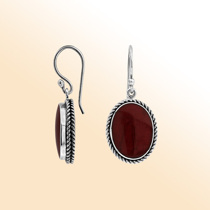 Elegant Sterling Silver Oval Earrings With Red Coral And Rope Frame