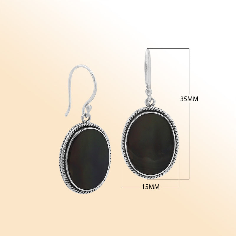 Elegant Sterling Silver Oval Earrings With Black Shell And Rope Frame