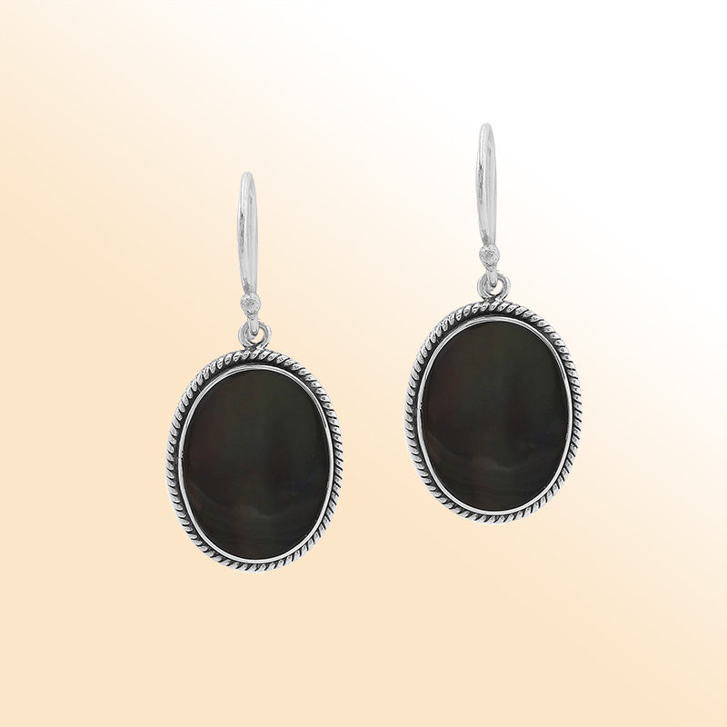 Elegant Sterling Silver Oval Earrings With Black Shell And Rope Frame