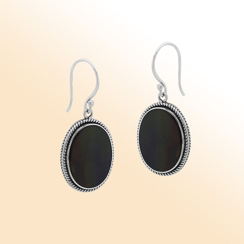 Elegant Sterling Silver Oval Earrings With Black Shell And Rope Frame