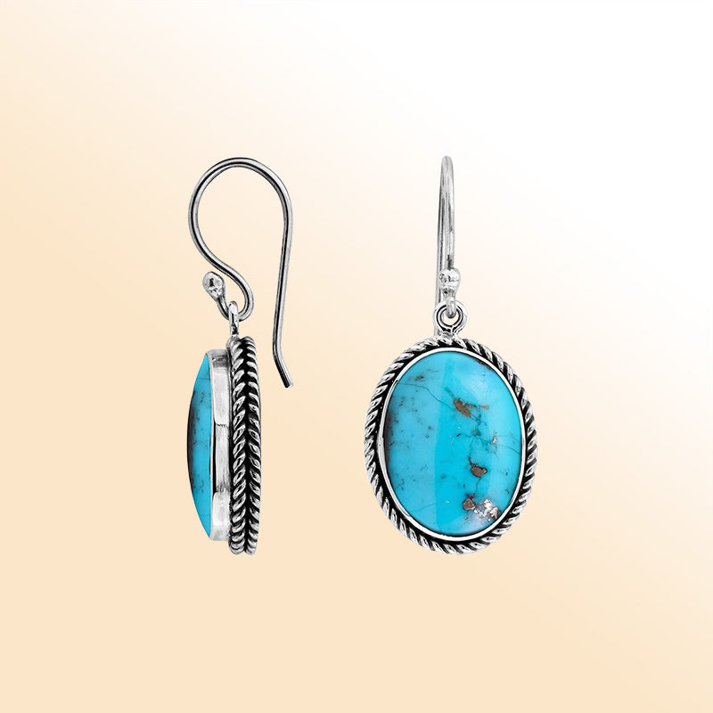 Elegant Sterling Silver Oval Earrings With Turquoise Shell And Rope Design