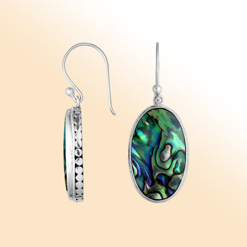 Elegant Sterling Silver Oval Earrings With Abalone Shell And Hammered Border
