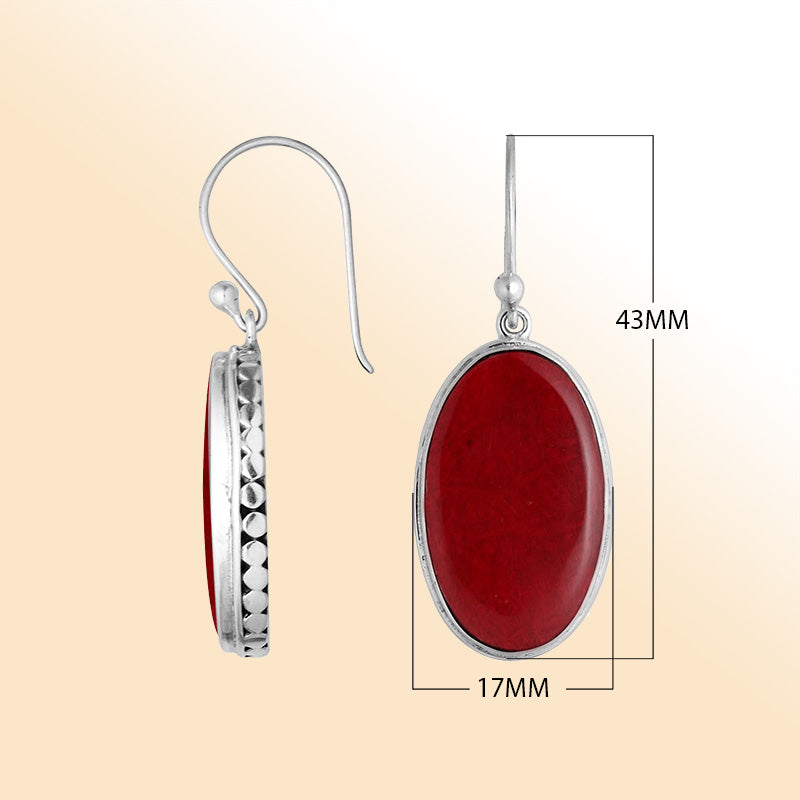 Elegant Sterling Silver Oval Earrings With Red Coral And Hammered Border