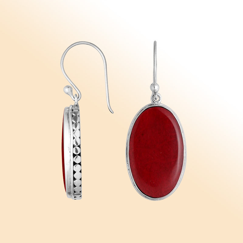 Elegant Sterling Silver Oval Earrings With Red Coral And Hammered Border