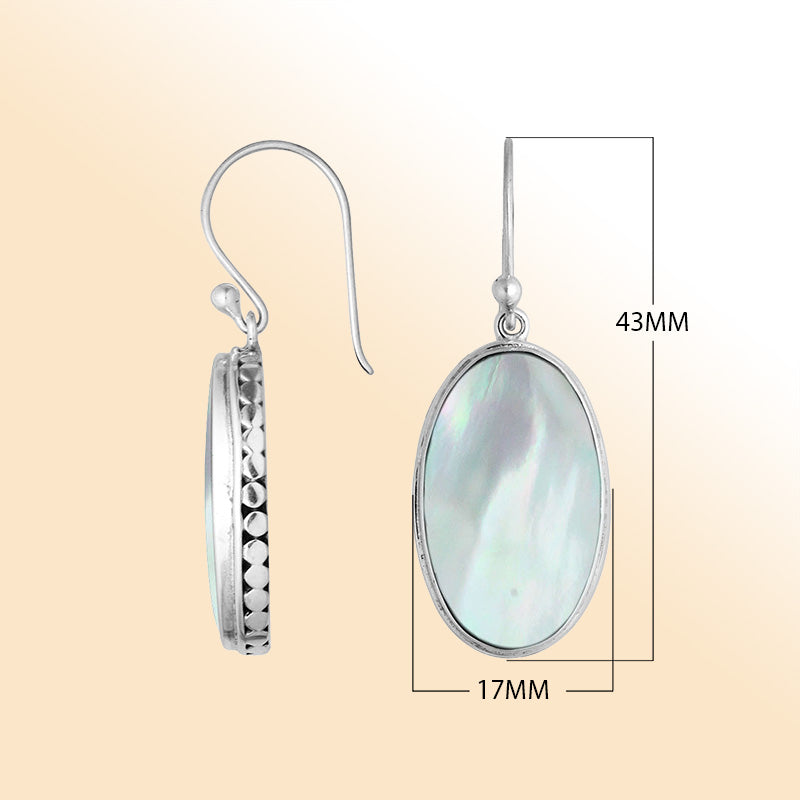 Elegant Sterling Silver Oval Earrings With Mother Of Pearl And Hammered Border
