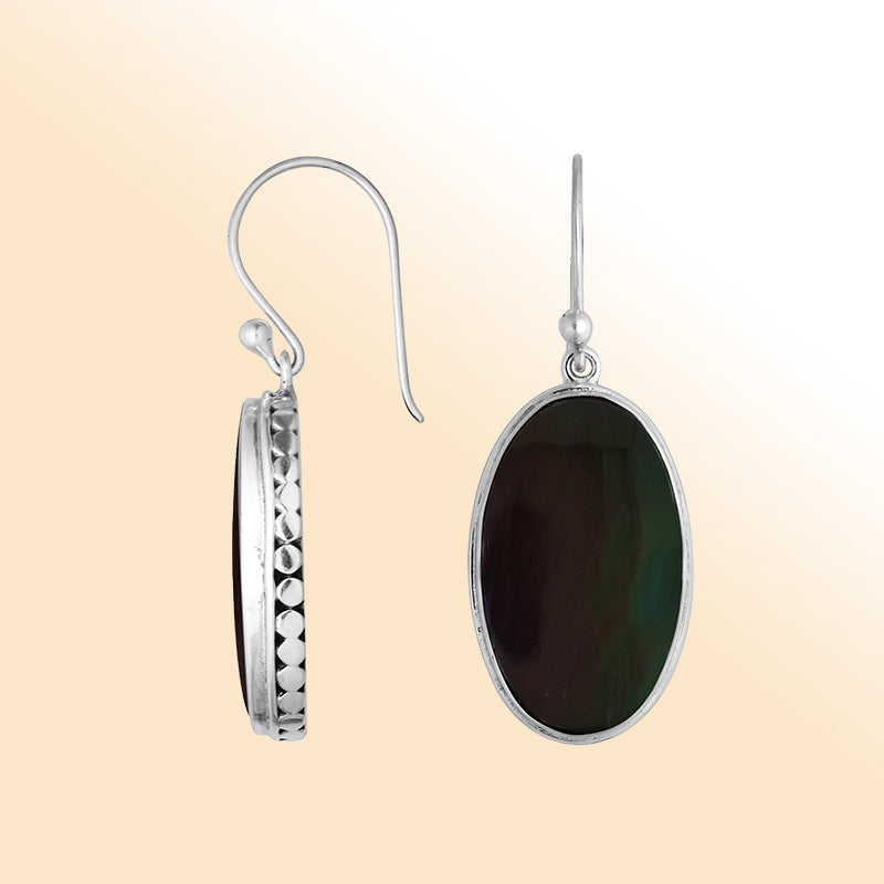 Elegant Sterling Silver Oval Earrings With Black Shell And Hammered Border