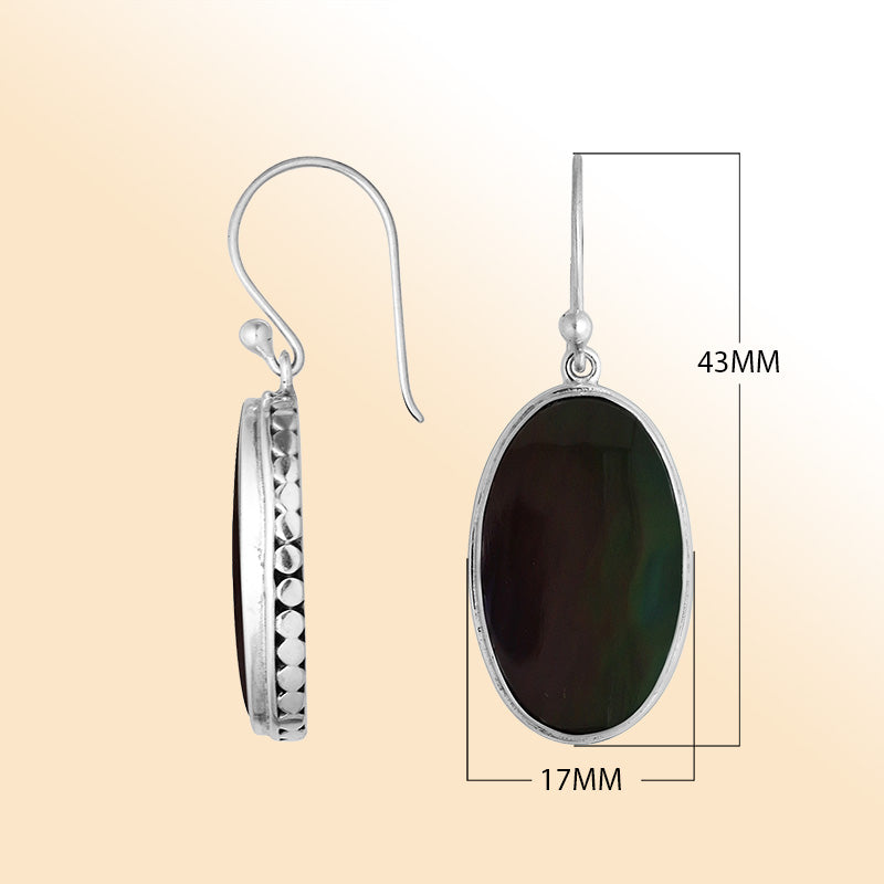 Elegant Sterling Silver Oval Earrings With Black Shell And Hammered Border