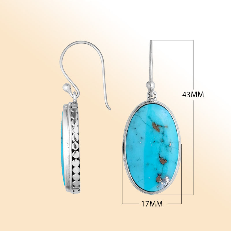 Elegant Sterling Silver Oval Earrings With Turquoise Shell And Hammered Border